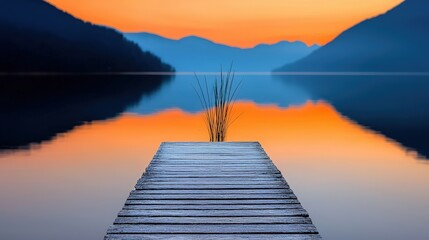 Fototapeta premium Serene lake view at sunset with a wooden dock and distant mountains.