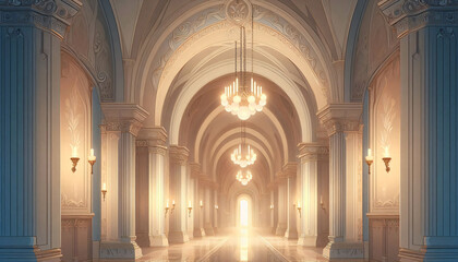 Fototapeta premium Mystical Castle Corridor with Soft Glowing Lights for Fantasy Visual Novel 