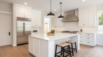 a kitchen with white cabinets , granite counter tops , stainless steel appliances and a large island