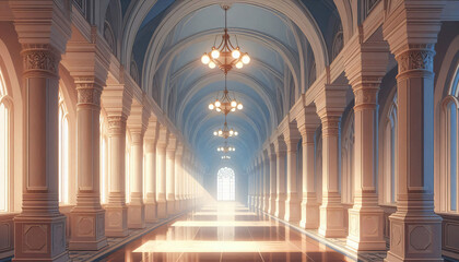 Obraz premium Enchanted Castle Hallway with Grand Arches and Soft Glow for Visual Novel 