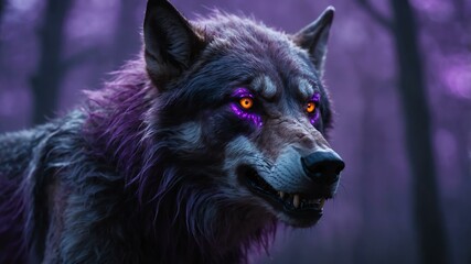 Fototapeta premium abstract eerie glowing purple closeup of a Halloween werewolf on misty background, bokeh background