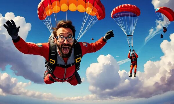 Watch as enthusiastic skydivers leap into the open sky, embracing the thrill of freefall amidst fluffy white clouds and a stunning blue backdrop filled with joy