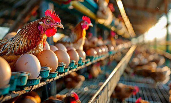 At dawn, joyful chickens roam within a bustling farm, nestled beside freshly laid eggs. Sunlight streams in, creating a tranquil atmosphere of rural life