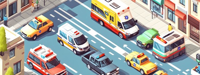 A vector illustration of various vehicles such as cars, ambulances, and police trucks on the street. The background is light blue with a simple design