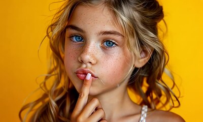 In a bright and cheerful setting, a young girl with striking blue eyes and golden curls playfully poses, bringing an air of whimsy and innocence that captures the joy of childhood