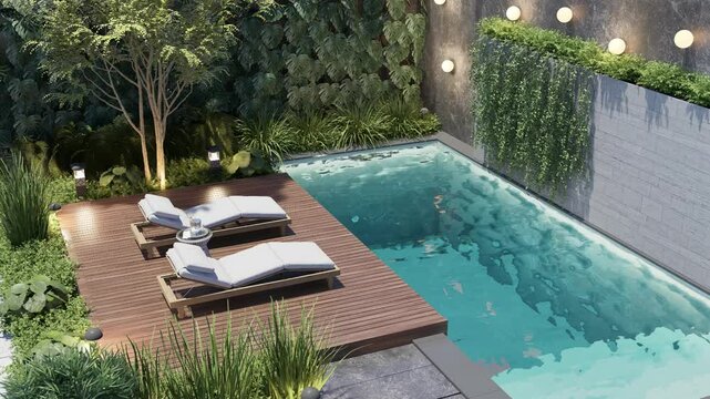 Small pool with two sun loungers surrounded by plants. 3d render