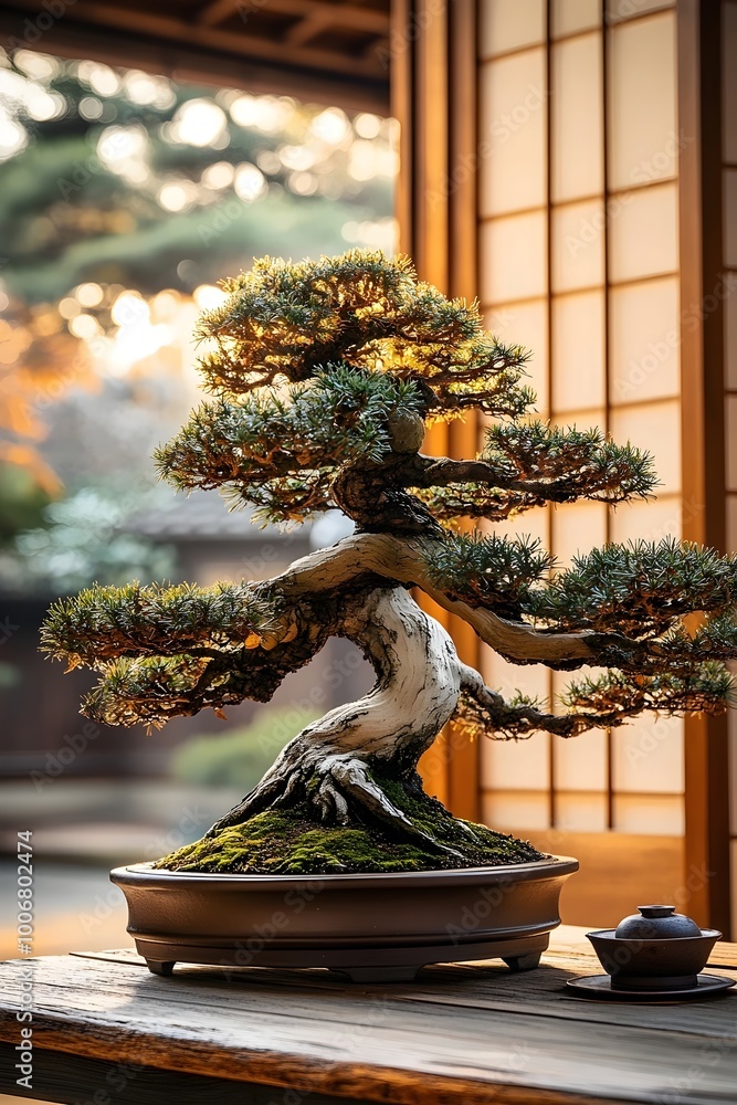 Poster a bonsai tree, meticulously pruned and shaped, sits on a wooden table in a serene setting. the gentl