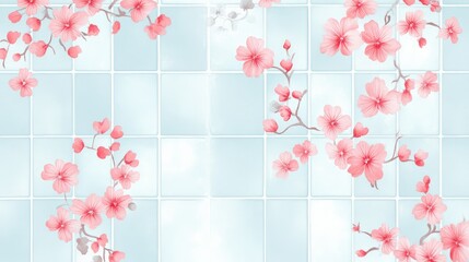 Tiny, intricate floral motifs in soft pink and gray, scattered across a pale blue tile background for a delicate effect.