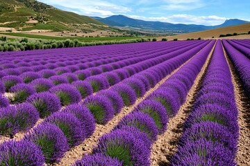 A field of lavender in full bloom, with rows of purple flowers stretching into the horizon, set against a backdrop of distant hills and blue skies.