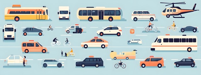 A vector illustration of various vehicles such as cars, ambulances, and police trucks on the street. The background is light blue with a simple design