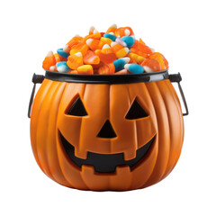 Halloween jack-o'-lantern bucket full of candies isolated on transparent background
