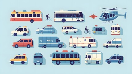 A vector illustration of various vehicles such as cars, ambulances, and police trucks on the street. The background is light blue with a simple design