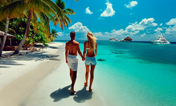 Enjoy a serene walk along a stunning beach where a couple holds hands, surrounded by turquoise waters, swaying palm trees, and distant yachts on a sunny day