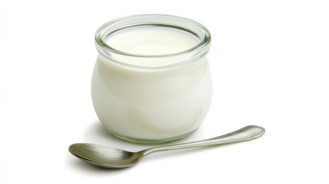 A close-up of plain Greek yogurt in a small glass jar, placed on a white background for a minimalist and healthy look.