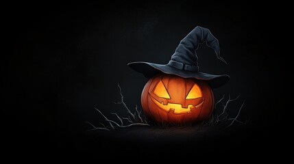 Spooky Halloween pumpkin with a witch hat, glowing eyes on dark background.