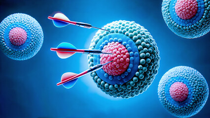 Monoclonal antibodies, depicted as darts, precisely target cancer cells, highlighting a breakthrough in cancer therapy using immunotherapy and precision medicine.