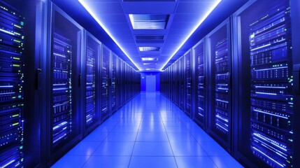Fototapeta premium A futuristic server room illuminated by vibrant blue lights, filled with rows of sleek, powerful data servers showing connectivity.