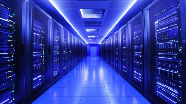 A futuristic server room illuminated by vibrant blue lights, filled with rows of sleek, powerful data servers showing connectivity.