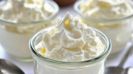 A close-up of plain Greek yogurt in a small glass jar, placed on a white background for a minimalist and healthy look.