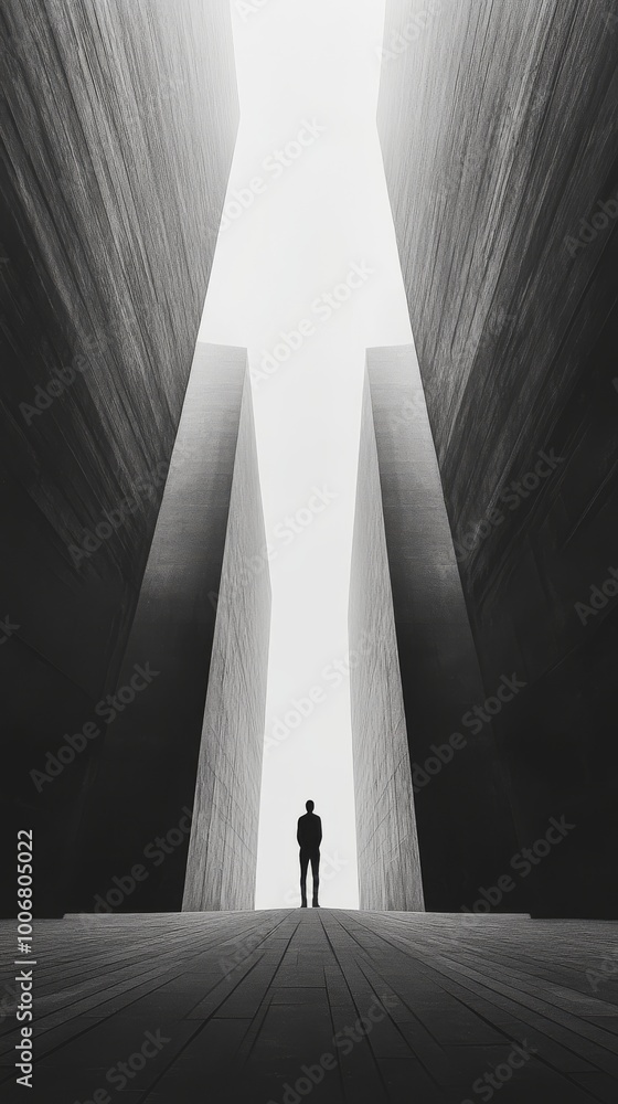 Poster silhouette of person between towering concrete structures, minimalistic urban design concept