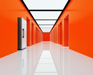 A long hallway with a refrigerator and orange walls, AI