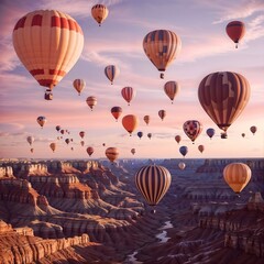 Naklejka premium hot air balloons flying over the mountains landscape in sunlight, hot air balloons in Turkey flying at sunrise sky, colorful hot air baloon gently float in sky during sunrise, travel and inspiration 