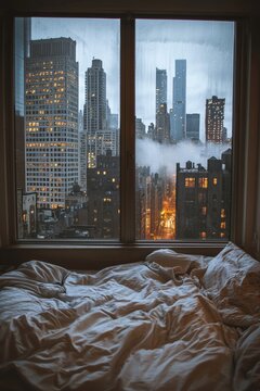 Fototapeta The view from the window of an apartment in New York City, where you can see buildings and skyscrapers at night, the city lights shine through them