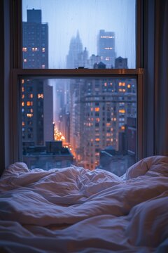 Fototapeta The view from the window of an apartment in New York City, where you can see buildings and skyscrapers at night, the city lights shine through them