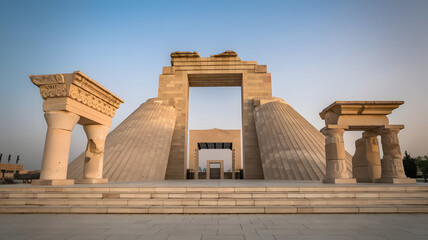 A series of architectural elements from ancient Mesopotamian civilizations arranged in a modern design, symbolizing the connection between Iraq’s past and present. (indicates Iraqi National Day).

