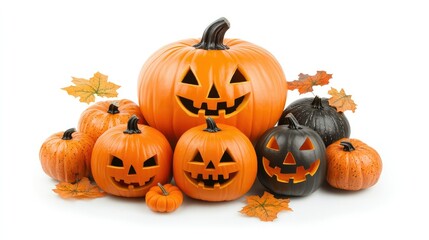 Fototapeta premium A collection of Halloween pumpkins of various sizes and shapes, displayed on a white background, showcasing their vibrant colors and festive spirit.