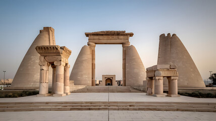 A series of architectural elements from ancient Mesopotamian civilizations arranged in a modern design, symbolizing the connection between Iraq’s past and present. (indicates Iraqi National Day).

