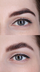Obraz premium Woman showing eyebrows before and after lamination procedure, closeup. Collage of photos