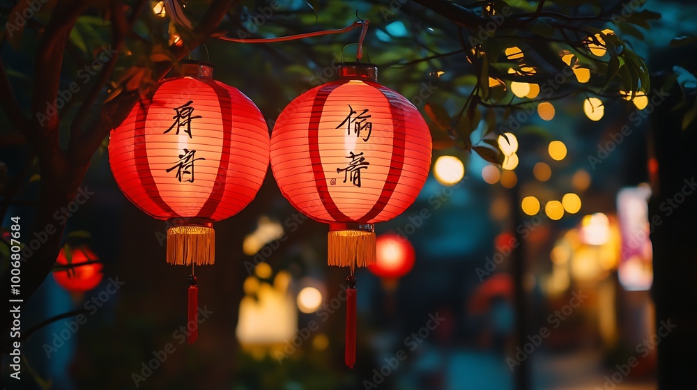 Poster two red lanterns with chinese characters hang from a tree branch at night, with other lanterns blurr