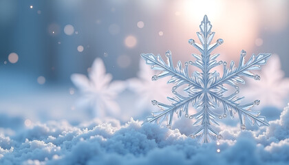 Intricate snowflake resting on snow with a soft background glow in a winter landscape