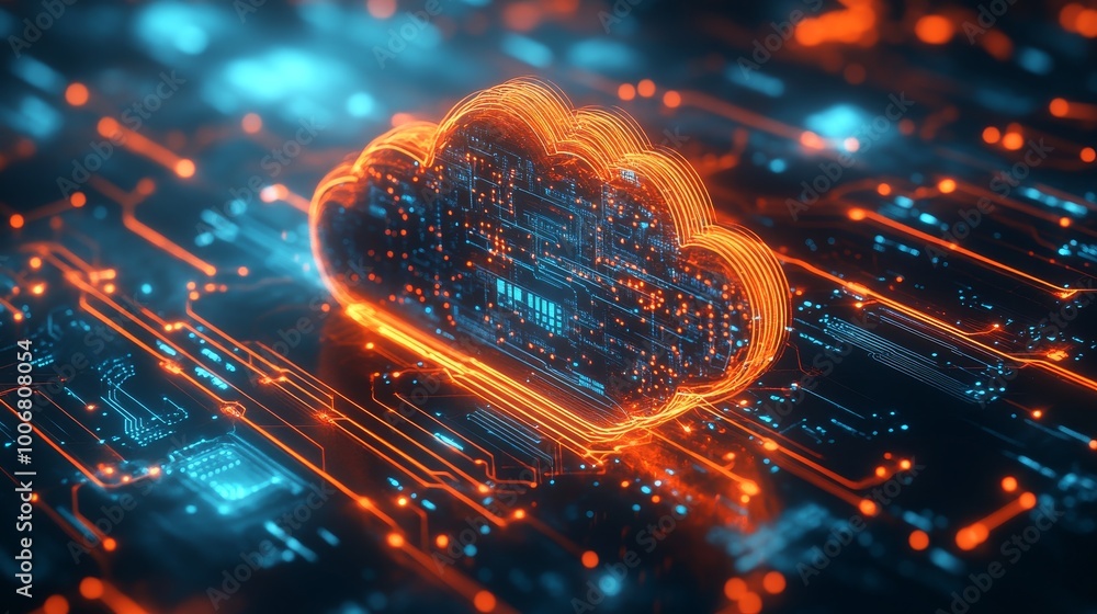 Poster a vibrant representation of a digital cloud with circuits and data paths, symbolizing modern technol