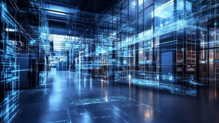 An imaginative depiction of a futuristic data center with blue holographic elements, representing cutting-edge digital infrastructure.