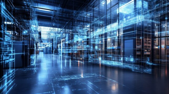 An imaginative depiction of a futuristic data center with blue holographic elements, representing cutting-edge digital infrastructure.