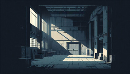Dark, Abandoned Warehouse for Suspenseful Visual Novel with Minimalist Design
