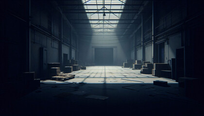 Simplified Abandoned Warehouse with Dark Shadows for Visual Novel Scene
