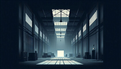 Simplified Abandoned Warehouse with Dark Shadows for Visual Novel Scene
