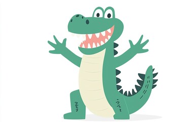 A cheerful cartoon crocodile celebrates joyfully under a sunny sky with arms wide open and a bright smile