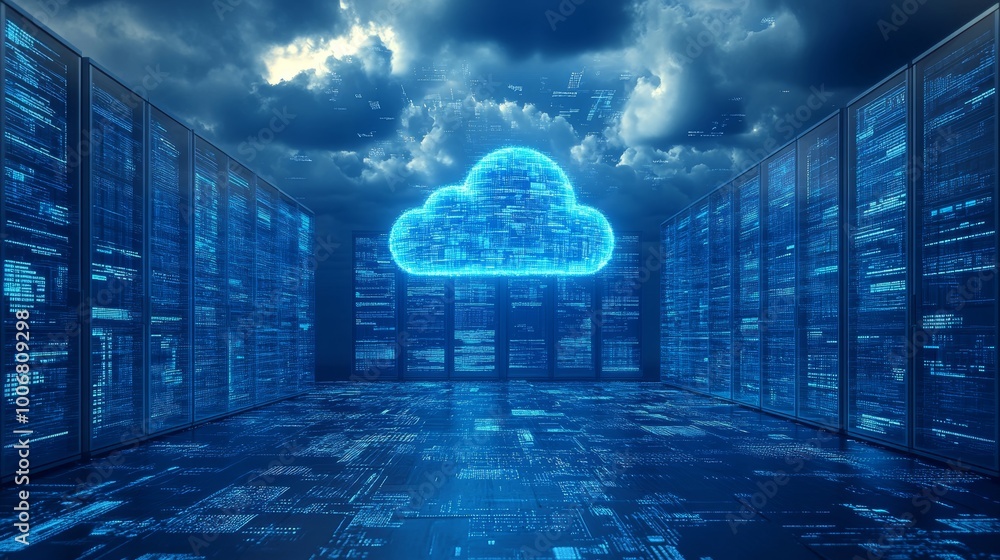 Poster a digital server room featuring a glowing cloud and data streams, embodying the futuristic ambiance 