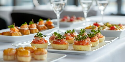 A table with a variety of appetizers and drinks, including wine glasses. Scene is elegant and sophisticated