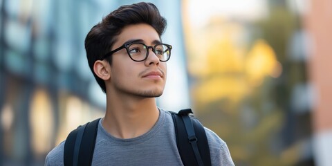 Obraz premium A young man wearing glasses and a backpack is looking up at the sky. Concept of curiosity and wonder, as the man seems to be pondering the world around him