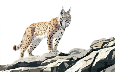 Obraz premium A majestic lynx perches on a rocky ledge, surveying its vast snowy domain under a bright blue sky