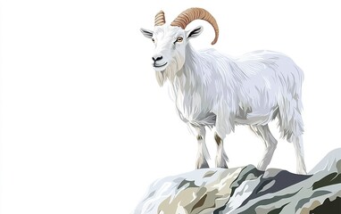 Obraz premium Majestic mountain goat stands proudly on rocky outcrop against a bright white backdrop in a serene and peaceful wilderness setting