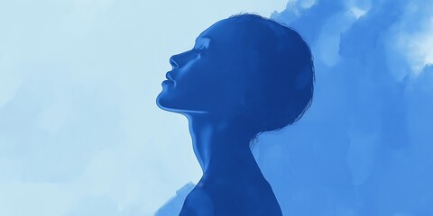 Naklejka premium A woman's head is shown in a blue background. The woman is looking up, and the background is a blue sky