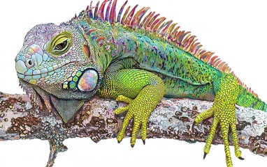 Obraz premium Colorful iguana resting gracefully on a branch, showcasing vibrant patterns and textures in a serene natural setting