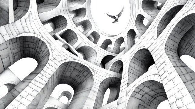 A drawing of a bird flying through the air in between two buildings, AI