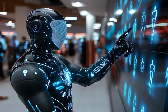 A futuristic Halloween costume contest, where guests use holograms and augmented reality to create glowing, high-tech costumes in a sleek, modern venue.